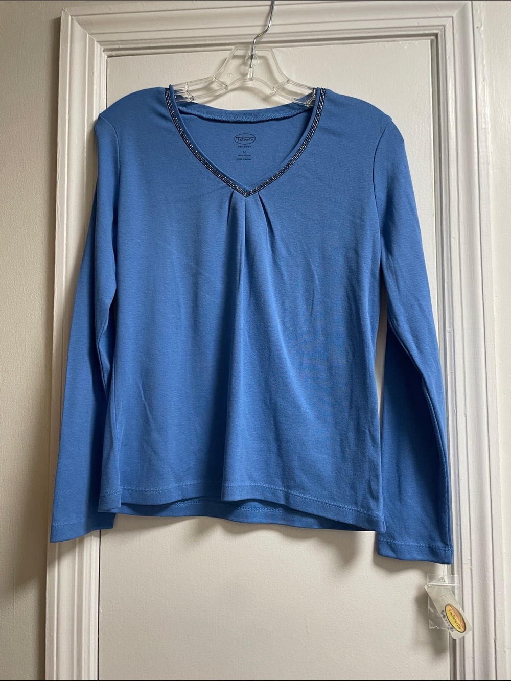 Talbots Blue V-Neck Long Sleeve Top with Beaded Trim